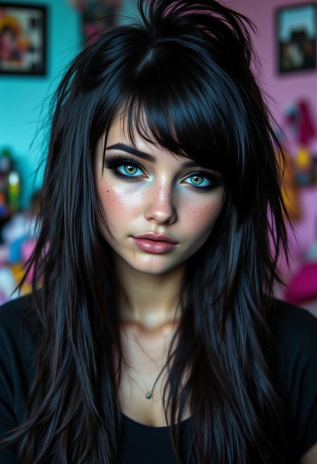 Teen Goth GIrl in leggings stands confidently in a goth-themed bedroom. Her youthful face, framed with high cheekbones and freckles, features large emerald eyes sparkling with mischief. Long lashes enhance their allure, while her soft smile reveals a playful dimple in the style of Jed-clrfl, aidmafluxpro1.1, aidmaMJ6.1, Emo_JBX