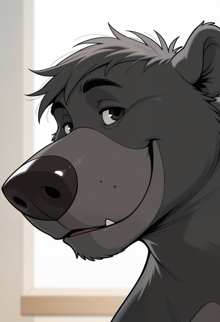 masterpiece,best quality,amazing quality, 1boy, solo, b4l00, bear, grey fur, close up, side angle, looking at viewer, smile,