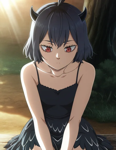 <lora:Secre Illu:1>1girl solo,
secr3, short hair, red eyes, black hair, black horns,
black sleeveless dress, short dress, spaghetti strap, feathered skirt, 
outdoors, sunlight, straight-on, sitting, 
anime screencap,
 <lora:cfg_scale_boost:1>, masterpiece, best quality, amazing quality