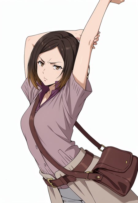 Smooth Quality,masterpiece,very intricate, high quality details, ultra realistic, high detailed skin,detailed enviorement,absurdres,
simple background, white background,solo,
stretching, arms up, tiptoe, arched back, elegant,  ,dutch angle,disgust,
 <lora:Kirara_Mizutani_cnn:0.8> 1girl, short hair, brown hair, multicolored hair, two-tone hair, brown eyes, at viewer, upper body,shirt, short sleeves, collared shirt, coat, pants, purple shirt,brown belt, shoulder bag,