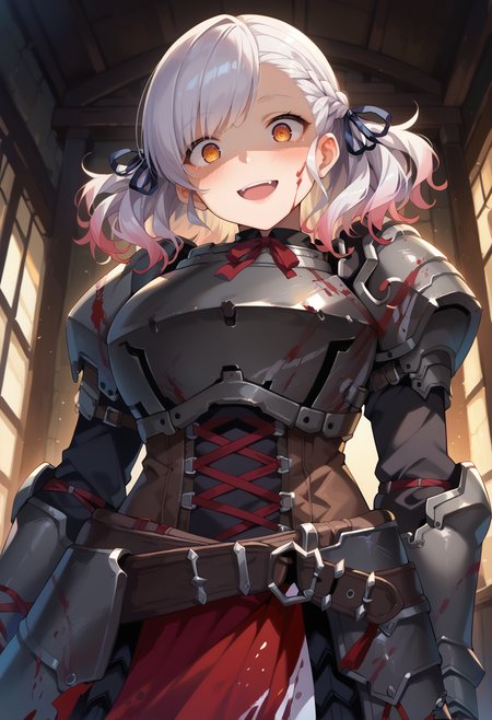 score_9, score_7_up, hd, (ultra hd quality details), source_anime, indoors,
solo, 1girl, gflsps12, twintails, braid, large breasts,
spas12gbhunt, ribbon, blood on face, crazy eyes, armored dress, blood on clothes, armor, plate armor, shotgun shell,
looking at viewer, blush, smile, open mouth, head tilt, shaded face, 
standing, from below, upper body,
<lora:_spas12gfl-elesico-pony-e12:1>