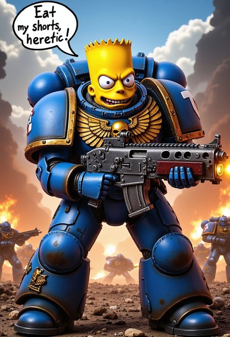 Bart Simpson, rendered in a semi-realistic yet unmistakable design, stands facing the viewer in the massive and intricate blue and gold power armor of an Ultramarine Space Marine. The armor gleams with glowing servo-lights, etched Chapter symbols, and battle-worn details, perfectly embodying the grandeur of the 41st Millennium. Instead of a helmet, Bart’s iconic spiky-haired yellow head is fully visible, his mischievous grin aimed directly at the viewer.

He wields a colossal heavy bolter, pointed forward as if mid-fire, with fiery muzzle flashes and glowing shell casings caught in motion. His bold, rebellious personality shines through as he stares down the viewer.

Above him, a bold speech bubble reads: "Eat my shorts, heretic!". The backdrop is a chaotic battlefield filled with smoke, explosions, and glowing embers, amplifying the epic and humorous contrast of the scene