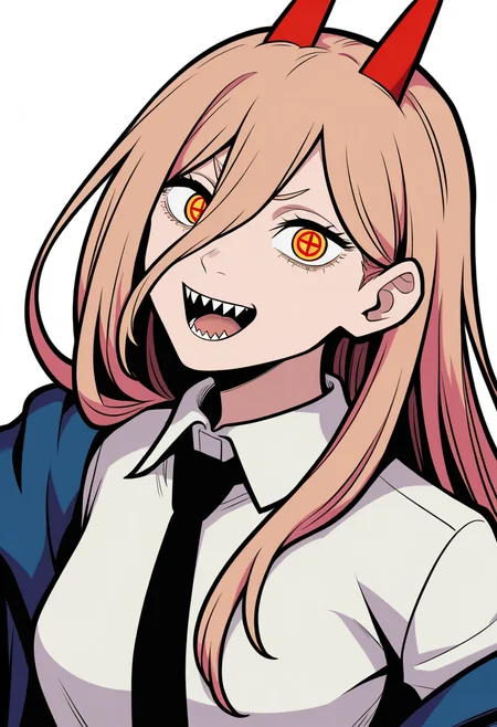 best quality, amazing quality, very aesthetic, absurdres,
BREAK
1girl, power \(chainsaw man\), pink hair, blonde hair, red horns, red eyes, cross-shaped pupils, long hair, sharp teeth, hair between eyes, symbol-shaped pupils,
collared shirt, black necktie, long sleeves,
looking at viewer, white shirt, open mouth,
simple background, white background, smile, upper body,   <lora:TwewyNoobLocon_byKonan:1>