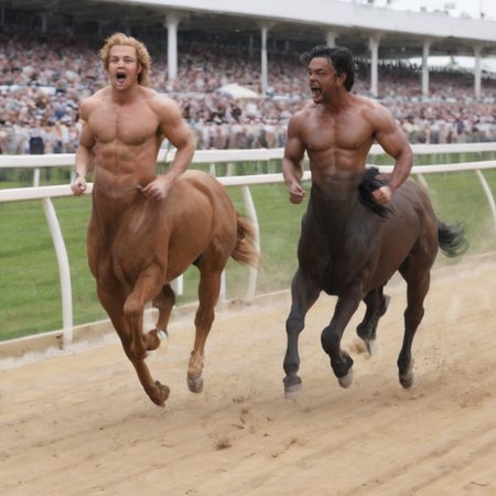 (closed shot:1.3), upper body, outside, 2 handsome male centaurs are chasing at a horse racing track, 4 horse legs, bare chest, <lora:centaurx:0.8>