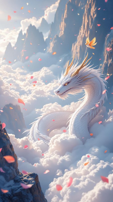 A relaxing bright scene, With the grace of a timeless legend, a white-scale dragon winds its way through the vast expanse of ancient mountains, its shimmering golden horns and flowing mane catching the light of the soft sun. , a cute phoenix flying around the dragon, peacefully enjoying. Vibrant petals falling around it, with a ocean of clouds in the background. The atmosphere is serene yet adventurous, with soft lighting and high contrast that bring the whimsical, above clouds world to life. Intricate textures and subtle light add to the heavenly, immersive feel. 3d render, cgi, unreal engine 5, 8k ultra hd.