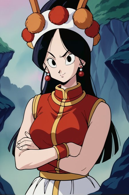 score_9,score_8_up,score_7_up,score_6_up, BREAK annin, retro artstyle, 1girl,upper body,portrait, solo, black hair, black eyes, medium breasts, red vest, white skirt, white headband, pom pom \(clothes\),orange fake antennae,looking at viewer,, blue cliff,blue wall, fog, crossed arms,red earrings,red bracer,sleeveless,  <lora:AnninPonyV2:1>