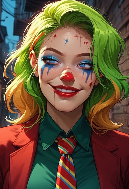 score_9, score_8_up, score_7_up, score_6_up,  rating_explicit, source_western,  Ellie Buckingham, ((Bright Blond hair)), Blond Hair, Blond Bright blue eyes. Very large breasts, torpedo breasts, humongous breasts Western Style Artwork. Bold Lines, 
joker \(dc\), (clown makeup, white face, smeared lipstick, red lipstick, facial mark, facepaint, blue makeup, red nose:1.3), upper body, solo, empty eyes, (impossible wide smile, crazy smile), half-closed eyes, staring, green shirt, collared shirt, red blazer, yellow boutonniere, loose necktie, striped necktie, multicolored hair, green hair, eerie atmospher, dark alley, complex background, night,