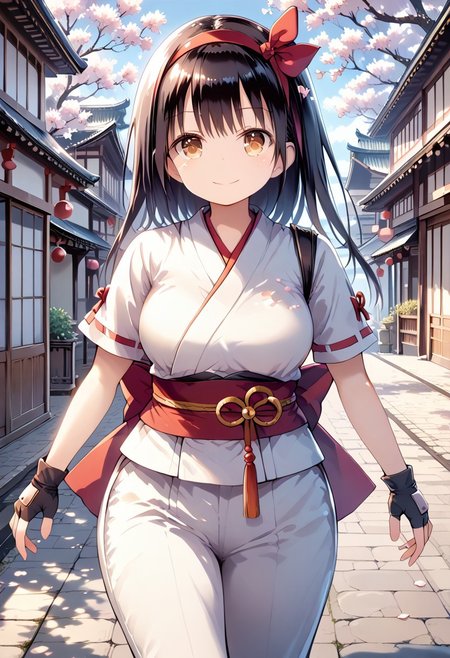 score_9, score_8_up, score_7_up, 1girl, FujisakaLP, mature woman, masterpiece, best quality, ultra high res, (big breasts1.2). smiling, happy, wide thighs, wide hips,  (detailed eyes:1.2), masterpiece, best quality,1girl, solo, nakorurums, red bow, bow, long hair, hair bow, ainu clothes, solo, hairband, black hair, fingerless gloves, short sleeves, gloves, sash, bangs, red hairband, breasts, brown eyes, white pants, japanese clothes, masterpiece, light smile, (illustration: 1.5), running toward viewer