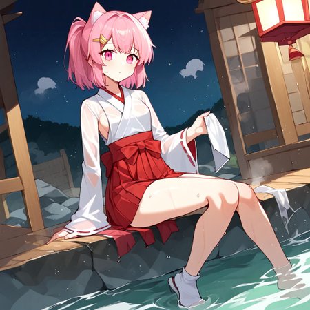 Aomokoka Style,nochekaisershot,
1girl,japanese clothes, hairclip, wide sleeves, ribbon trim, long sleeves, hakama skirt, miko, sleeves past wrists, red hakama, white kimono, tabi, ribbon-trimmed sleeves, pinching sleeves,yuika3,cat ears,Expressiveh,nochekaisershot,pink hair,solo,pink eyes,wet clothes,see-though,in the water