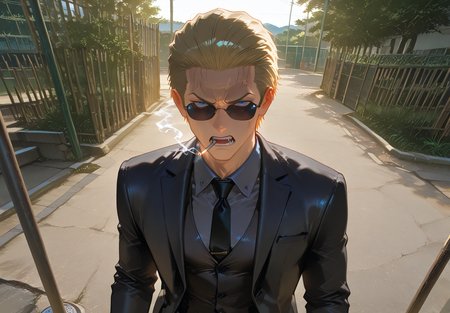 IllusP0s, PonyScores7, source_anime, ah1, IllustriousQual, interesting, exciting, spectacular, wonderful, amazing quality, absolutely eye-catching,  
BREAK <lora:xl_more_art-full_v1:0.2>, <lora:aesthetic_anime_v1s:0.2>, <lora:EpicF4nta5yXL:0.2>, <lora:detailxl:0.2>, detailxl, <lora:Fant5yP0ny:0.2>, amazing quality, best aesthetic, absurdres, illustration, Volumetric_Lighting, ultra-detailed, very aesthetic, intricate details, best_quality, lazympos, <lora:Add_Details_v1.2:0.2>, <lora:quality_modifiers_masterpieces_v1:0.2>, <lora:ZootPonyAnime_V1_r2:0.2>, <lora:Bestifacator2:0.2>, anime style,
BREAK ((time paradox creator, wearing a suit that distorts time around them with a device that creates temporal anomalies)),
BREAK Stable_Yogis_PDXL_Positives, AS-Adult, <lora:Complicated fantasy portrait - XL Pony V2.0:0.2>, <lora:HDA_Detailer:0.3>, AS-MidAged, (((from above), (from back), focus on chest)),
BREAK (((<lora:albertwesker-guy-PONYv1:0.8>, albertwesker, 1boy, toned, athletic, fit, mature male))), <lora:shinyskin2:0.2>, glistening skin, <lora:perfection style:0.2>, perfection style, perfection, 
BREAK ((<lora:Gentle_Noir_Style:0.5>, gentle noir, male focus, shirt, jacket, suit, vest, black necktie, formal, cigarette, smoking)), ((sunglasses:1.3)), 
BREAK ((slicked back hair, (short hair:1.7), blonde)), <lora:hairdetailpxl:0.2>, hairdetailpxl, 
BREAK ((angular face, sharp_featured face, handsome, charming, alluring)), blue eyes, expressive eyes, <lora:perfect-eyes:0.4>, perfecteyes, EyesHD, <lora:DetailedEyes_xl_bdsqlsz_V1:0.2>, <lora:Eyes_Lora_Pony_Perfect_eyes:0.2>, <lora:focusoneyes:0.2>, <lora:cinematic eye color style illustrious v1:0.2>, <lora:Eyes_High_Definition:0.2>, EyesHD,
BREAK ((angry, anger vein)), <lora:Expressive_H:0.2>, Expressiveh, <lora:Emotional_Anime_Expressions_PonyXL_Concept:0.2>, emotional, <lora:Best_Facial_Expression_LoRA_PONY:0.2>, looking at viewer, <lora:Detailed expressive EXEV style -XL Pony V1.0:0.2>, FaceDetail,
BREAK (((<lora:Okubo Park Shinjuku City-polefence anyillustriousXLFor_110 B14:0.9>, Okubo Park, public park, outdoors, pole fences, wooden fences))), <lora:Background Detailer - SDXL:0.2>, 4k, 8k, Ultra HD, Masterpiece, Best quality, Detailed background, <lora:Add_more_details_V2_XLpony:0.2> full_details, <lora:background-type1:0.2>, <lora:AddMicroDetails_Illustrious:0.2>, addmicrodetails, SmoothNoob_Quality,