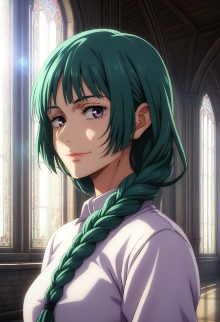 score_9, score_8_up, score_7_up, source_anime, intricate details, anime screencap, perfect balance, official art, extremely detailed CG unity 8k wallpaper, perfect lighting, Colorful, Warm_Front_face_Lighting, (masterpiece:1.0),(best_quality:1.0), ultra high res,4K,ultra-detailed, photography, 8K, HDR, highres, absurdres:1.2, Kodak portra 400, blurry background, bokeh, lens flare, (Anime) (vibrant_color:1.2), professional photograph, night, (good_face:1.2), 2d, anime, upper body, intricate iris, American, 1960s, 1970s, Professional character design, 1girl, female focus, (vibrant amethyst purple eyes), perfect eyes, (bright green-teal hair), (Long Silky smooth hair), (pretty hair), (beautiful hair), (curtain bangs), braided hair, preppy, white dress shirt, youthful, feminine, sultry, solo, jujutsu_kaisen_style, character portrait, (perfect-lighting, lens flare), face, torso, (Charming) (Beautiful) (Elegant) (Sophisticated smile), feminine, young, (Wealthy, manor, extravagant, ornate embellishments, coastal, shore, cliff), warm sunlight, dawn, (sunlight), (warm lighting), comfortable lighting. turquoise hair, teal hair, blue-green hair