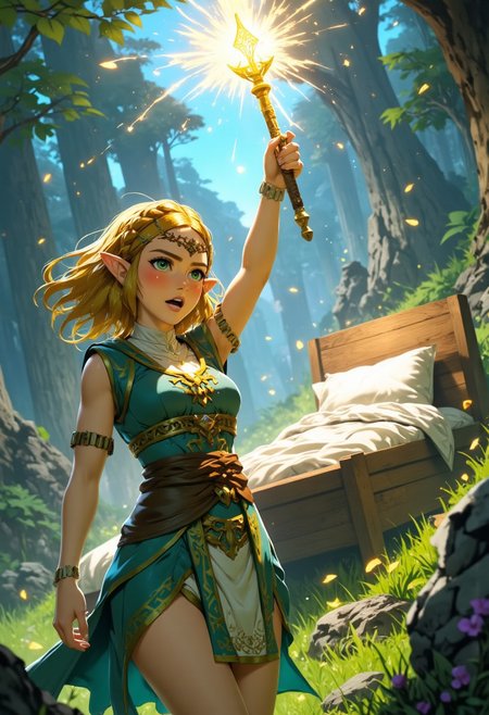 "A semi-realistic 3D anime full-body shot of Princess Zelda from The Legend of Zelda, captured mid-action, holding up a magical staff high above her head and conjuring a wooden bed with white sheets and a pillow out of nothing. Sparkling magical energy surrounds the staff and bed.
She has long, flowing blonde hair and piercing green eyes with a determined expression as she shouts. Zelda wears an elegant white and green dress adorned with golden patterns and a sparkling jewel at the top of her staff. The magical staff is held high in one hand, glowing with magical sparkles.
The scene is set in a lush forest, where sparkling magic creates the bed from thin air. Zelda is on one side of the frame and the bed is slightly in the distance on the other. 
Capture the excitement of the battle atmosphere as Zelda strikes a dynamic pose with her staff raised high, pointing upward. The lighting is soft and ethereal, enhancing the beauty and magic of the scene. (best quality, highly detailed, engaging, dynamic pose, magical effects, 1girl, solo, Z3ld3k1ck1x, mythp0rt, S1n0z1ck style)"