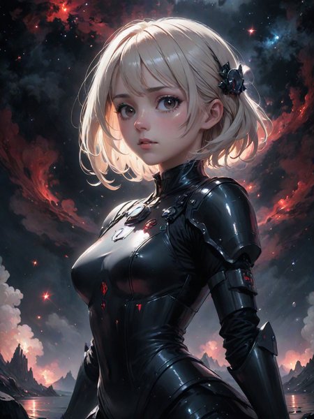 a quite night at the lake, by krenz cushart and mucha and akihito yoshida and greg rutkowski, nier:automata inspired, bravely default inspired, vibrant but dreary but upflifting red, black and white color scheme!!! space nebula background, highly detailed portrait, digital painting, artstation, concept art, smooth, <lora:LCM_LoRA_Weights:0.7>