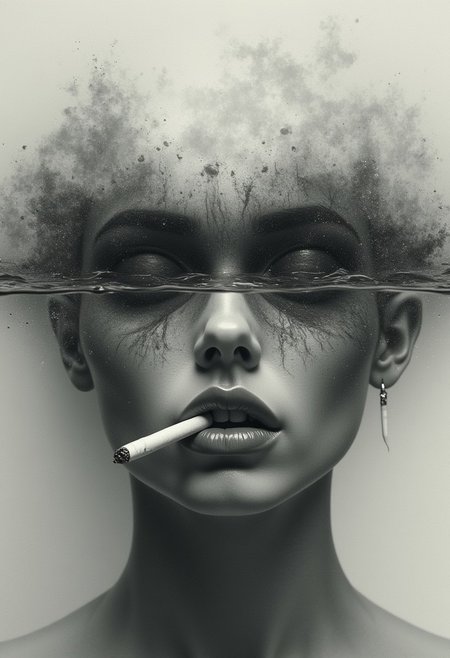 A surreal artwork showing a woman face with a cigarette in their mouth.  upper face is obscured by what looks like a crashing blending nature and human elements. The image has a monochromatic, abstract feel, and the waves cover the eyes, creating a mysterious and dreamlike atmosphere