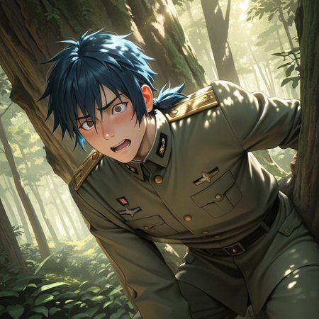 masterpiece, best quality, amazing quality, absurdres, newest, detailed background, definition so sharp, Ultra-HD, 8K cinematic, very awa, impressionate, amazing quality, highres, 
solo, male focus, manly, 
daikakukokujouji, 1boy, short hair, tied hair, low tied hair, lieutenant_pretime, lieutenant_blue hair, lieutenant_brown eyes, climbing, excited expression, but slipping, forest, sunlight, dappled light, energetic, adventurous, clumsy, charming, youthful