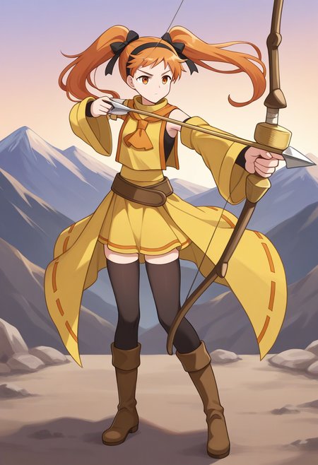 1girl, solo, linalyuri, orange hair, long hair, twintails, hair ribbon, hairband, orange eyes, sleeveless shirt, detached sleeves, tabard, ascot, skirt, waist cape, belt, thighhighs, boots,, outdoors, quarry, mountain, full body, serious, holding bow (weapon), serious, aiming,