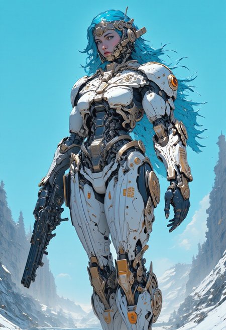 anime art style,cyberpunk, A sesquipedalian depiction of a solitary female cyborg, ensconced in an exoskeletal carapace of pearlescent white and tangerine, stands against a cerulean expanse. Rendered in a hyperrealistic style, the composition is a medium shot, captured from a low angle, imbuing the subject with an air of formidable puissance. Her cerulean tresses, like silken filaments, cascade around her, posing with the angularity of her mechanized form. The meticulous detail extends to the patina of wear on her armor, hinting at battles fought and victories won. The emphasis should be placed on the intricate network of mechanical sinews and pneumatic actuators that articulate her every move. Her gloved hand grip hard really heavy gun,  assalut rifle made from black shiny steel. The background is a blurred tableau of an arctic tundra, the ethereal luminescence suggesting a nascent dawn or the ghostly aurora borealis. epic details.<lora:BLUE_mk4_angel_FLUX_03:1.4>  <lora:CPA:1> <lora:flux.1_lora_flyway_Epic-detail_v2:1>