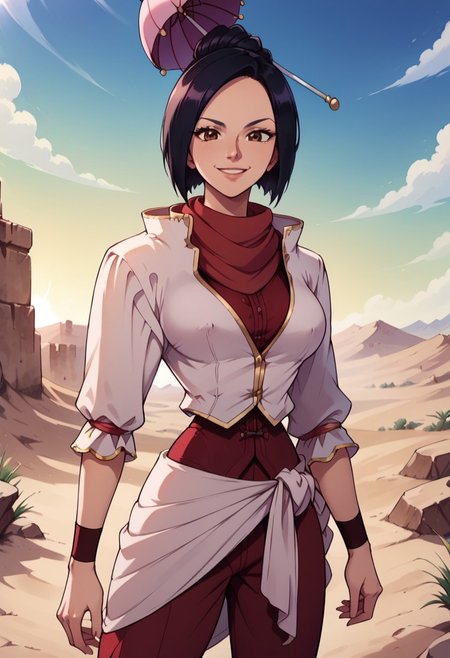 RasaOP, 1girl, solo, tall woman, slim woman, black hair, short hair, brown eyes, large breast, fair skin, purple shirt, white blouse on top, red scarf, long crimson pants, curved brown boots, single hair bun, hair ornament, hair umbrella, jacket, scarf, sash, wristband, hair stick,
seductive pose, sexy pose, tease,  in the spotlight,smile,desert, dunes, blue sky,
score_9, score_8_up, score_7_up, beautiful aesthetic, very intricate, high quality details,vibrant, highly detailed, award-winning, professional,anime artwork, anime style, studio anime, athletic, curvy body, athletic girl, perky tits,large breast,perfect tits, round breasts, nipple outline,looking at viewer, pinup pose,teasing, dynamic lighting, cinematic, smug, better than you, aura of temptation, highly detailed, high resolution, masterpiece, detailed clother, detailed background, highly detailed, ((sound effects)) comic layout,