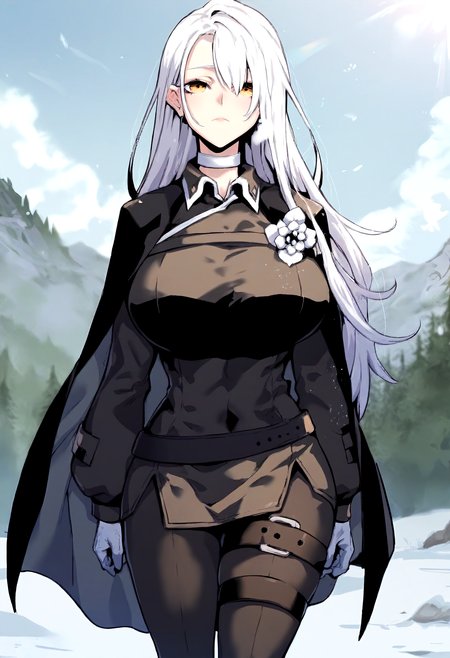 score_9, score_8_up, score_7_up, score_6_up, source_anime, rating_explicit, 1girl, solo, huge breasts, <lora:Dacia Irmel prefectPonyxl:1> long hair, white hair, yellow eyes, white choker, black cape, black jacket, long sleeves, collared, white flower, white gloves, belt, black pants, thigh strap, expressionless, Narrow shoulders, heavy breathing, steaming body, snow field, outdoors, looking at viewer