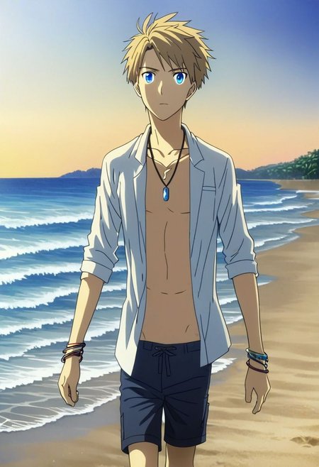 high resolution, solo, best quality, 1Boy, Yamato Ishida, Blond Hair, Blue Eyes, Necklace, beach, calm, clear sky, walking, candid, open shirt, shorts, sixpack, necklace, bracelet, OverallDetail