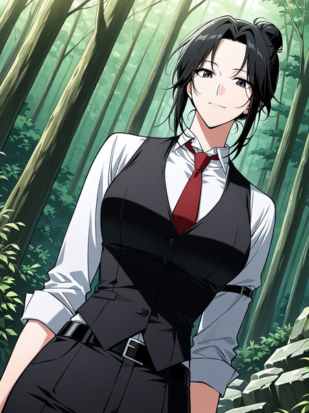 <lora:Omniscient_Readers_Viewpoint__Jung_Heewon:1>
1 girl, solo, black hair, long hair, black eyes, tied hair, hair bun, 
white shirt, red necktie, black vest, black pants, black belt, formal outfit, sleeveless vest, rolled-up sleeves, 
score_9, score_8_up, score_7_up, very aesthetic, source_anime, detailed, high quality, beautiful, masterpiece, detailed eyes, forest, tree, ruins, cowboy shot, dynamic angle, upper body, light smile, dynamic pose