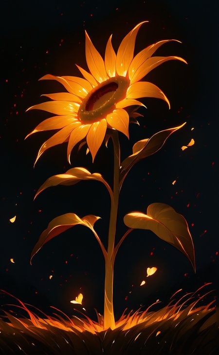 no humans, sunflower, plant focus, general, 

solo, wind, dark, darkness, night, bioluminescence, black theme, grass, field, yellow petals, glowing petals, falling petals,  floating, nature, embers,

best quality, very awa, highres, newest