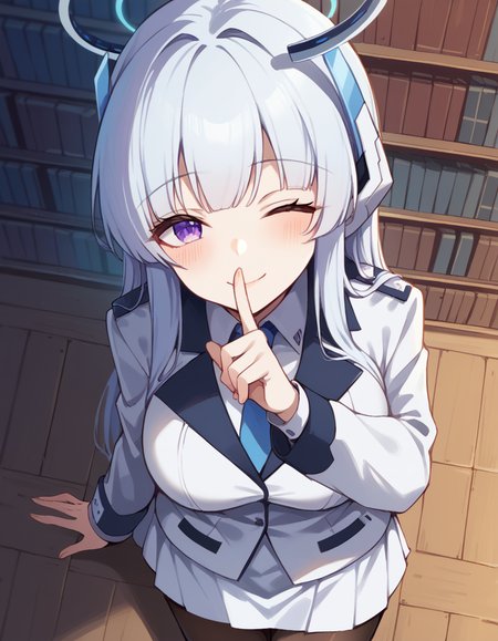 score_9, score_8_up, score_7_up, source_anime, <lora:noa-ushio-ponyxl-lora-nochekaiser:1>, noa ushio, purple eyes, grey hair, blunt bangs, long hair, sidelocks, large breasts, mature female, blue necktie, halo, headphones, long sleeves, mechanical halo, necktie, pantyhose, shirt, skirt, suit, two-sided fabric, two-sided jacket, uniform, white jacket, white shirt, white skirt, white suit, dock, water, boats, wood, mooring, , <lora:shushing-ponyxl-lora-nochekaiser:1>, shushing, finger to mouth, index finger raised, from above, library, smile, blush, one eye closed, dutch angle,, looking at viewer, solo,, dutch angle, cowboy shot