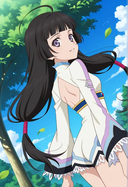 from behind, looking back, light smile, parted lips, 
cowboy shot, dynamic angle,  
BREAK,
<lora:kohak_illustriousXL_v03:1>
kohakdef, black hair, purple eyes, very long hair, blunt bangs, ahoge, low tied hair, twintails,
white bodysuit, long sleeves, wide sleeves, lace, back cutout, laced sleeves,
bare legs,, source_anime, very aesthetic, anime coloring, masterpiece, 
best quality, amazing quality, ultra detailed, very aesthetic, 
detailed background, 
BREAK,, forest, flowers, clouds, day, floating leaves,