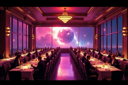 "Visualize the opulent and absurd interior of Milliways, the Restaurant at the End of the Universe. The scene is a vast, geometrically precise dining hall, with tables arranged in perfect rows stretching towards an infinitely receding horizon. The color palette is a rich, almost decadent blend of deep purples, golds, and reds. Diners, a bizarre collection of alien species in outlandish attire, sit in perfect stillness, observing the spectacular destruction of the universe unfolding through enormous, panoramic windows that dominate one wall. The lighting is dramatic and theatrical, highlighting the surreal nature of the event. Focus on the stillness of the diners juxtaposed with the cosmic chaos outside, conveying a sense of detached, almost bored acceptance of the ultimate end. 8k resolution, hyperrealistic rendering, symmetrical composition, rich and decadent color palette, surreal and theatrical lighting, Kubrickian dark humor aesthetic."  <lora:cinematic film IMAX70mm Filmstrip style v1:0.8> cinematic film style, IMAX70mm , filmstrip borderâââ