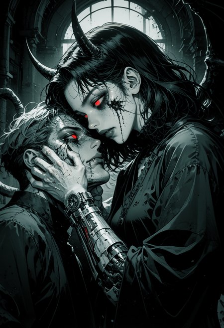score_9, score_8_up, score_7_up, 1girl, red eyes, half closed eyes, spot color, cowboy shot, black finger nails, 1boy, monochrome,  greyscale, horns, fang, closed mouth, fingernails, blood,  no pupils, blank eyes, demon, horror (theme), dark aesthetic, wings, from side, mechanical arm, holding sword, <lora:sdxl_lightning_8step_lora:0.9><lora:Art_Adams_Style_Pony_XL:0.5><lora:Dark_Anime:0.2><lora:glowneon_xl_v1:0.4> <lora:nostalgia-000011:0.3>  <lora:GRIM_v1:0.4>  <lora:Sinozick2:0.3>