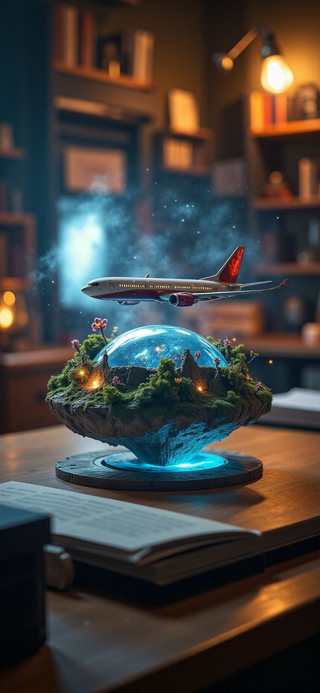 (indoor,very wide isometric view,tilt-shift lens:1.6), (A miniature diorama of:2.5) of (stasis _chamber:1.5), gradation,  gradation,(galaxy,milky way:1.3),  boeing 737 at (floating island,levitating  island:1.5) on (table:2) at (study:2.5)  <lora:Diorama_Flux:1>
