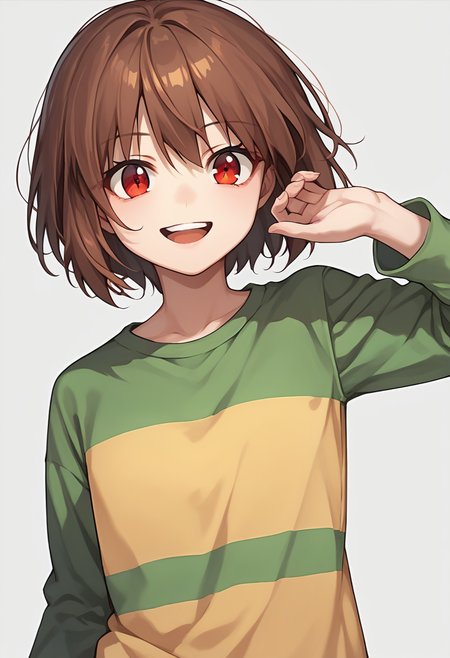 score_9, score_8_up, score_7_up, source_anime , <lora:Chara pony:0.5>,  chara, 1girl, red eyes, shirt, striped, solo, brown hair, simple background, open mouth, looking at viewer, smile, upper body, grey background, striped shirt, short hair, long sleeves