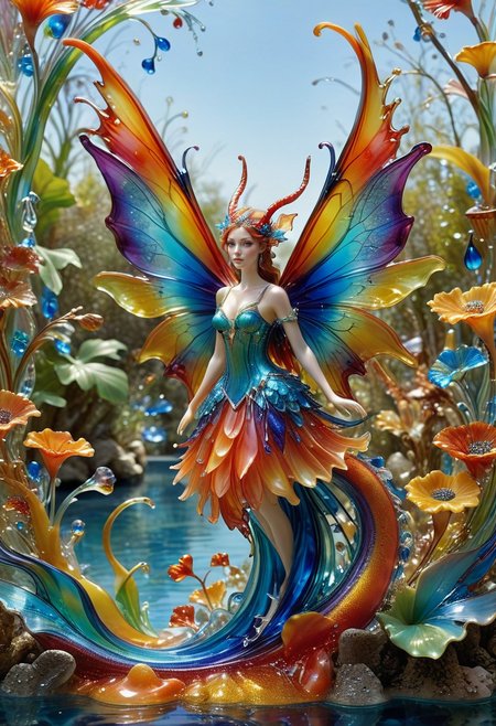 reality-shot, realism, realistic photography of a very detailed fairy, see through wings made out of colorful liquid Murano Art Glass, awesome appearance, magical landscape with enchanted elements, fantasy art style, coral theme, intricate details, ultra sharp, exquisite detail, flawless composition, vivid colors, masterpiece, exciting background   <lora:Colorful_Murano_Art_Glass_style_-_SDXL:0.85>