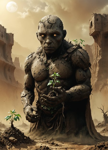 action,half-buried torso of an earthen golem,holding a sprout in his hands,earth element,8k,<lora:The_Dark_Side_of_the_Earth:0.7>,<lora:Desolation:0.4>,