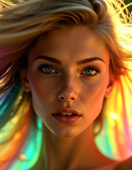 vintage style from 1930s,
Extreme realism in a complex, highly detailed composition featuring a woman with extremely long flowing rainbow-colored hair. The glowing background, with its vibrant colors, exaggerated details, intricate textures, and dynamic lighting, creates a whimsical, dreamy atmosphere in photorealistic quality.

Threads of light that float and weave through the air, adding movement and intrigue.
Patterns on the ground or in the background that glow subtly, adding a layer of complexity.Rainbows that appear faintly in the background, adding a touch of color and wonder.Butterfly wings that shimmer in the light, adding life and movement to the scene.Beams of light that radiate softly through the scene, adding focus and direction.Curtains of light that flow gently through the air, adding movement and a soft glow.

A close-up focusing on her wide, expressive eyes, with her hair flowing gently around her face.





