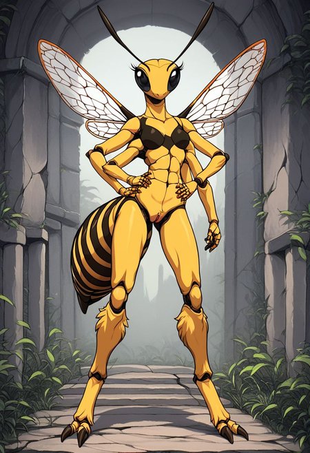 score_9, score_8_up, score_7_up, score_6_up, score_5_up, score_4_up, 
source_anime,  source_furry, source_cartoon, rating_explicit, 
solo, female, 
black and yellow body, fur, fluffy, furred body,
anthro, 
arthropod, insect, black eyes, exoskeleton, joints,
honeybee,
4 wings, multi wing, wings, 
2 antennae, antennae anatomy,
2 toes, toes, feet, digitigrade,
4 arms, 5 fingers, fingers, multi arm, 
smile, pose,
ruins,
detailed background, digital art, hi res, detailed, fantasy art,
Vintage, 1990s \(style\), 90s4n1m3, retro artstyle