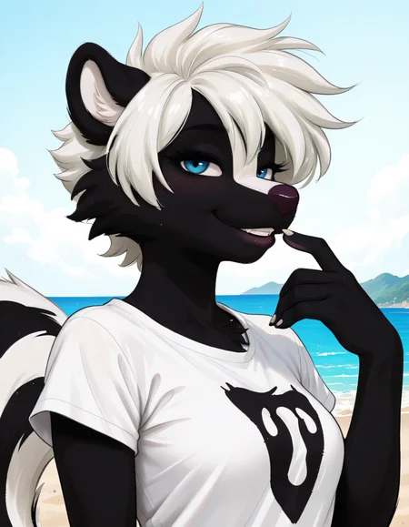 masterpiece, best quality, very aesthetic, absurdres,
outdoors,
headshot, posing, 
shirt, 
seductive smile, parted lips, long eyelashes,
 <lora:Amberr_v02_NAIXL:1>
Amberr,1girl,solo,furry,furry female, skunk girl ,white hair, skunk ears, short hair, blue eyes, snout, animal nose, body fur, black fur, white fur, two tone fur, skunk tail,