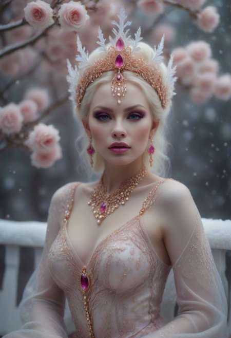 1female, 45 years old, Chubby, snub nose, Silvia saint look,  big breasts, (delicate face, beautiful eyes, natural, eye contact), 
Real sharp photo, snowing, snowflakes in the air, blurred background, Black, pink, fuchsia, white portrait of a gorgeous sexy princess, caucasian, white milky makeup, ethnic long dress with floral gowns, pink high heels, hair ornament made of blooming flowers, crystals, blurry background, tiara, earrings, facing the viewer, ((sits on a romantic enchanted white bench, showing her left legg)), amidst snowflakes, rose gold minerals, shiny aura, highly detailed, frozen organically grown crystals, gold and pearl filigree, intricate motifs, organic tracery, Kirnan Shipka, Januz Miralles, Hikari Shimoda, glowing stardust by W. Zelme. A mesmerizingly enchanting scene unfolds in this cinematic film still.
full body photo, scenic, shallow depth of field, vignette, highly detailed, high budget Hollywood film, bokeh, cinemascope, moody, epic, gorgeous, film grain, Canon EOS R,Canon RF 85mm F1.2L USM, ISO 100