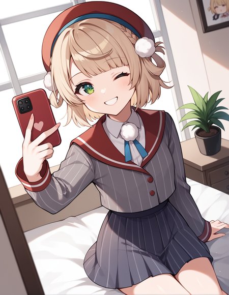 score_9, score_8_up, score_7_up, score_6_up, score_5_up, score_4_up, source_anime, rating_safe, BREAK <lora:uiXL_LoRA-C3Lier_AdamW_Dim16_Alpha16_UN-3e-4_TE-1.5e-4_10batch_ponyDiffusionV6XL_v6StartWithThisOne:1>, shigure ui \(vtuber\), 1girl, virtual youtuber, light brown hair, short hair, french braid, hair rings, green eyes, small breasts, pom pom hair ornament, red beret, red sailor collar, pom pom \(clothes\), blue ribbon, white shirt, striped jacket, grey jacket, long sleeves, vertical-striped skirt, dutch angle, one eye closed, smile, selfie, livestream, v over eye, sitting, bed, computer, potted plant, picture frame, window, window shade