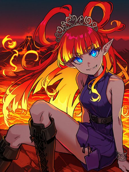 kuroume, <lora:kuroume_style_for_illustrious:0.8>,
MGCM, <lora:MGCM_v2.0-000023:0.8>,
(quasarcake:0.5), as109, xilmo, masterpiece, best quality,
<lora:Glowing_Spot_Color_-_Illustrious:0.6>, glowing eyes, streaked hair, glowing inner hair, glowing streaks,
hires, (detailed:1.1), vivid colors, smile, flare_panepon, red hair, fiery hair, long hair, blue eyes, pointy ears, purple dress, short dress, sleeveless dress, tiara, fang, bracelet, boots, knee boots, jewelry, (lava:1.1), volcano background, sitting, looking at viewer