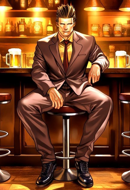 masterpiece, best quality, amazing quality, very aesthetic, absurdres, newest, jhunterilxl, 1boy, male focus, hair slicked back, brown hair, brown suit, red necktie, yellow shirt, black shoes, toned male, brown eyes, mature male, tall, sitting, bar, stool, dim lighting, beer mug