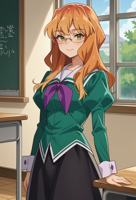 score_9, score_8_up, source_anime, 1girl, solo, SumikaChibana, long hair, glasses, white sailor collar, purple neck ribbon, green shirt, juliet sleeves, long sleeves, wrist cuffs, black skirt, long skirt, indoors, classroom, window, smile, <lora:ChamSumikaChibanaPonyXL:1>