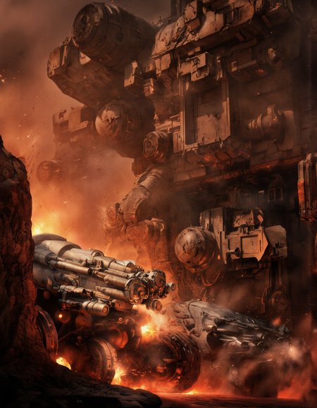 Art by Col Price & Arthur Yuan.
A photo-realistic digital illustration shoot from a far camera angle about a futuristic, sci-fi scene featuring heavy machinery and vehicles in a fiery orange and red environment. the scene is set in a dimly lit, smoky environment with a smoky, orange glow, and rocky terrain. on the left side of the image, there are several large, metallic vehicles with intricate details, including a large engine and a smaller one, positioned on the right side, as if they are in the midst of a battle. the vehicles appear to be armored vehicles, with a sleek, futuristic design, and are positioned closely together, creating a sense of movement and energy. the background is filled with a mix of red and orange hues, giving the scene a dramatic and intense atmosphere, reminiscent of a post-apocalyptic world. the overall mood is intense and dramatic, with the vehicles appearing to be in motion, adding to the sense of action and intensity in the scene.