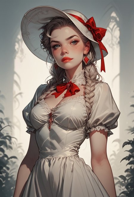 (score_9_up,score_8_up:1.3),score_6_up,score_7_up, core_9, score_8_up, score_7_up, score_6_up, ((blurred detailed background, cowboy shot)), (score_9_up,score_8_up:1.3),score_6_up,score_7_up, core_9, score_8_up, score_7_up, score_6_up, ((blurred detailed background, dynamic angle)), (masterpiece, best quality), (absurdres absolutely resolution), (8k), (detailed beautiful face), (detailed illustration), (super fine illustration), (vibrant color), (professional lighting), nice, perfect,(perfect anatomy:1.4), BREAK score_9, score_8_up, score_7_up, masterpiece, black shiny hair, very long hair, rim light, black eyes, blush, wearing red Victorian dress, red short puffy sleeves, bare arms, black laces and ribbons, deep cleavage, red sun-hat, gloves, simple background, centered view, smirk, standing pose, hand on hip,. in the style of a vintage, (dark Chiaroscuro oil painting). Emphasize theatrical elements with bursts of bright colors against dark, moody backgrounds.