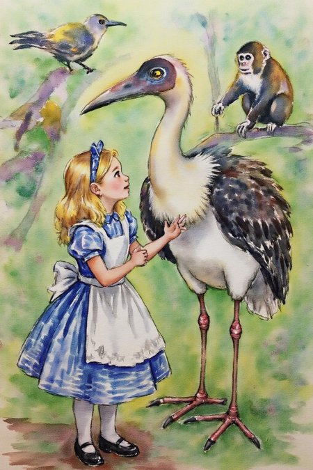 watercolor. joten1. A fantastical encounter between a young girl, Alice, and a giant, prehistoric-looking bird. Alice, wears a blue and white striped dress, a white apron, and white stockings. She is talking with a anthropomorphic Dodo bird. There are other birds and and a monkey behind them.  <lora:watercolor1_nbm_cap_d6a3e12:1.0><lora:838729971284325032:0>
