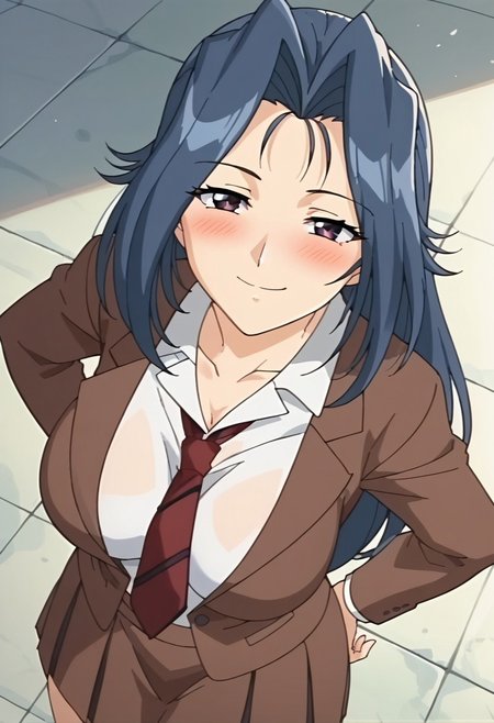 score_9, score_8_up, score_7_up, score_6_up, score_5_up, score_4_up, 1girl, Fumiko, Long Blue Hair, purple eyes, Blazer School Uniform, Necktie, Skirt, big breasts, huge butt, looking at viewer, smug, blush, from above, look up, anime screencap