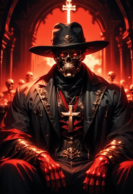 (score_9, score_8_up), score_7_up,  1boy, hat, jewelry, sitting, male focus, golden necklace, vest, coat, mask, glowing, glowing eyes, black skull, skeleton, night, crimson sky, red theme, black coat, dark, black sky, fedora, high contrast, dark lighting, mask, cinematic, cross necklace,
blurry, depth of field, CINE,
<lora:CINE-000012:0.8>  <lora:wildywest-000009:0.5>