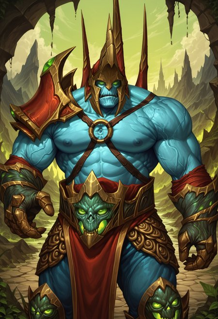 zPDXL3, score_9, score_8_up, score_7_up, (detailed face, detailed body, detailed background, perfect anatomy, masterpiece, high quality, best quality), source_monster, outside BREAK standing, half-length portrait, fellord, demon, monster, helmet, blue skin, green eyes, glowing eyes, no pupils, muscular, big pecs, thick thighs, broad shoulders, hand, 5 fingers <lora:detailed_notrigger:1>  <lora:FelLord_WoW_V1:0.8>