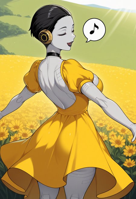 masterpiece, best quality, 1girl, solo,  from behind, looking back, :d, spoken musical note, <lora:SophiaSMT-illu:1> s0phia, black hair, hair pulled back, very short hair, grey skin, closed eyes, black lips, black choker, (robot ears:0.8), yellow sundress, back cutout, puffy short sleeves, large breasts, spread arms, field, outdoors, sunlight, kneepits