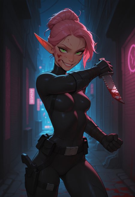 masterpiece, best quality, amazing quality, very aesthetic, DISNEY_ANIMATION, incoth, (incase:0.6), female, solo, (depth of field), outdoors, city, alley, cyberpunk, night time, cowboy shot,

elf, pink hair, green eyes, cute face, slender, small breasts, updo hair, beautiful, kawaii, (small ears), blood on face,

black bodysuit, assassin, ninja, black gun holster, black utility belt, blood splattered combat knife,

standing, dynamic pose, looking at viewer, fighting pose, evil smile,